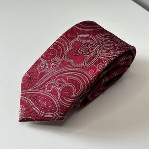 Saks Fifth Avenue Red & Silver Paisley Print 100% Silk Tie w/ Blue Floral Accent